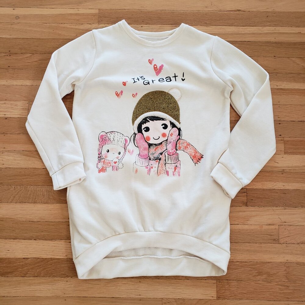Kawaii Girl and Pet Cozy Winter Cream Sweatshirt with Pockets NWOT